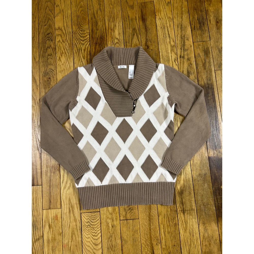 Liz & Co Brown Argyle Sweater Women's Large Long‎ Sleeve Collared Neck
